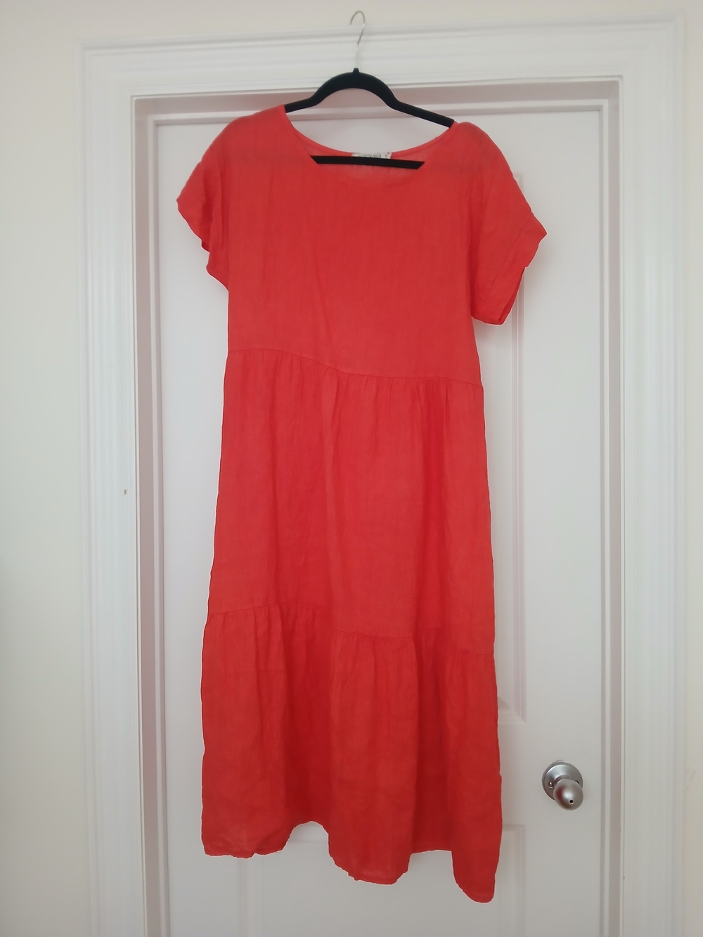 Women's Coral-Red Linen Tiered Midi Dress